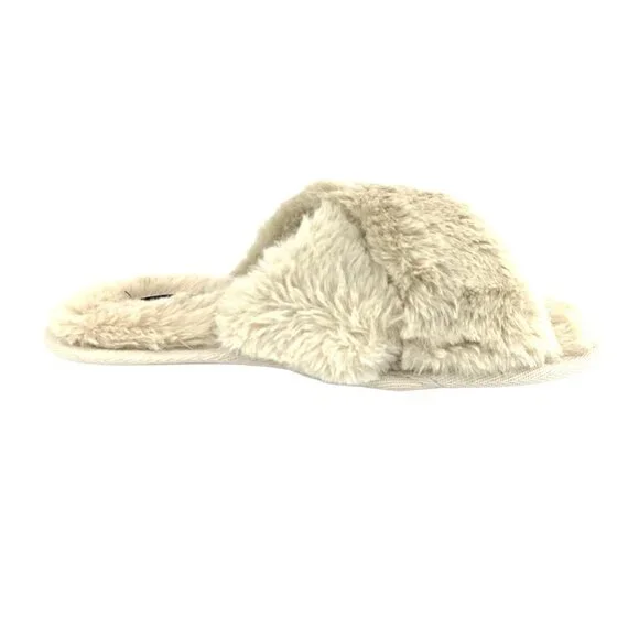 Rachel Roy Women's Fuzzy Furry CrissCross Slip On Flats Slippers Cream - Picture 2 of 10